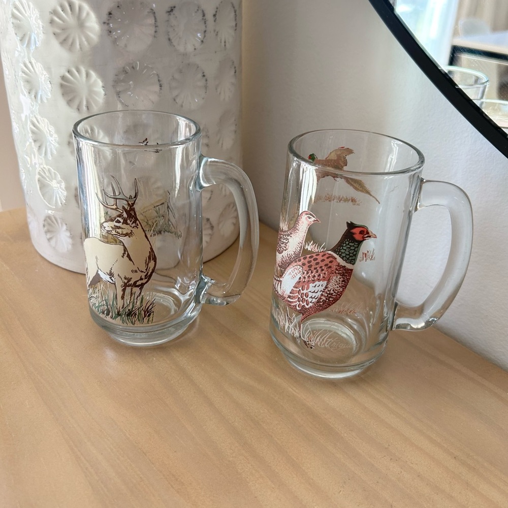Vintage Hunting Wildlife Pheasant & Deer Set of 2 Glass Beer Mugs